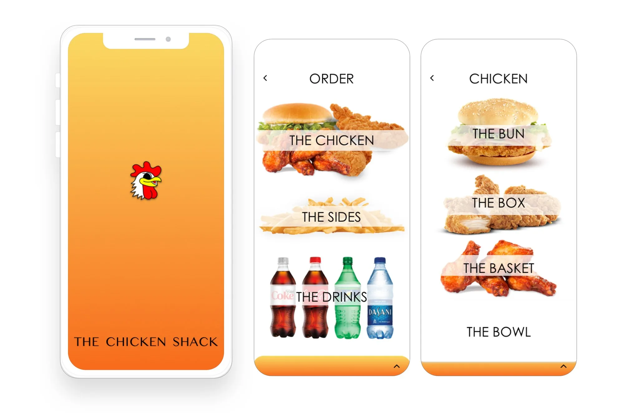 The Chicken Shack ordering screens on a phone