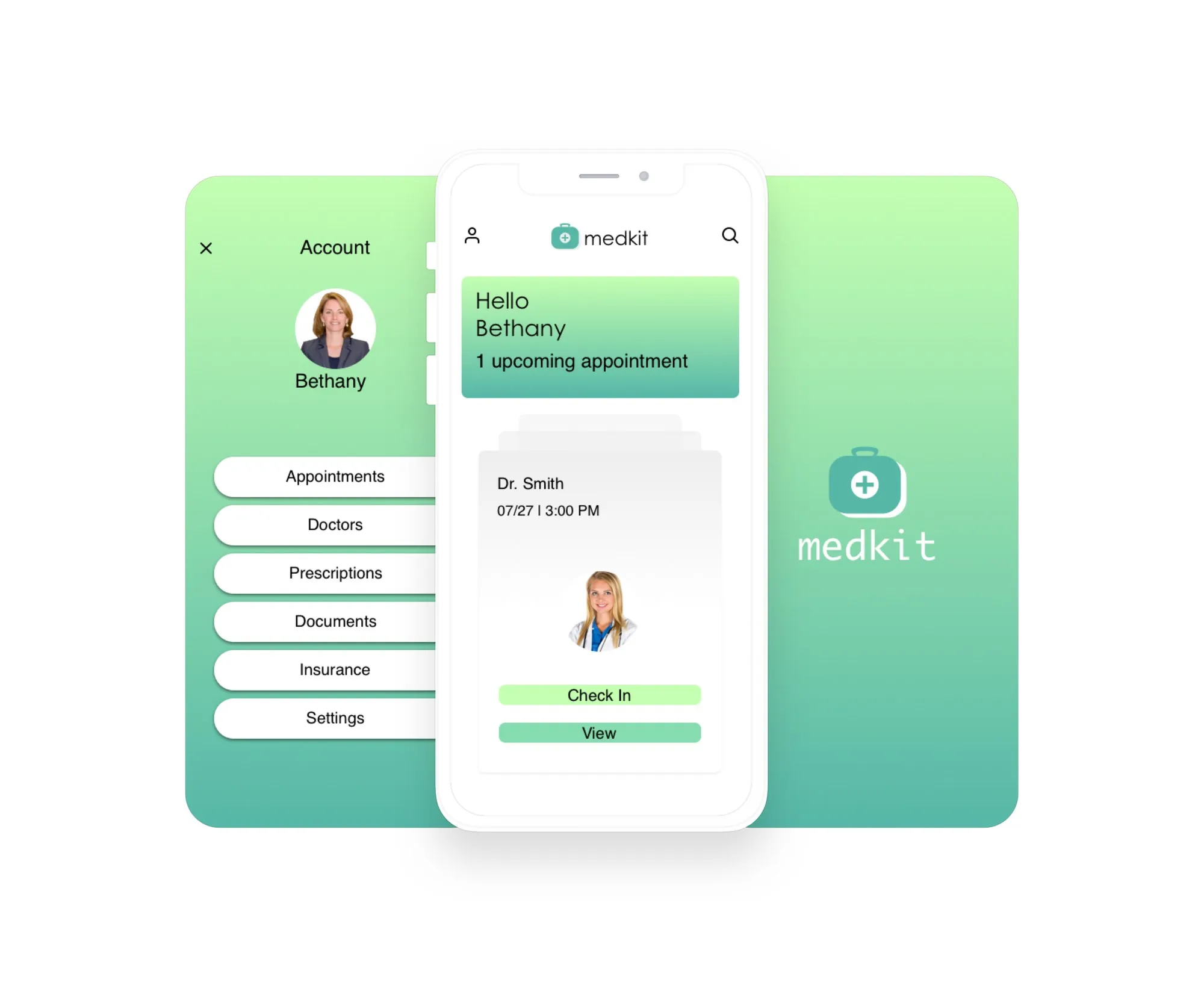 medkit app screens showing the account menu and an upcoming appointment