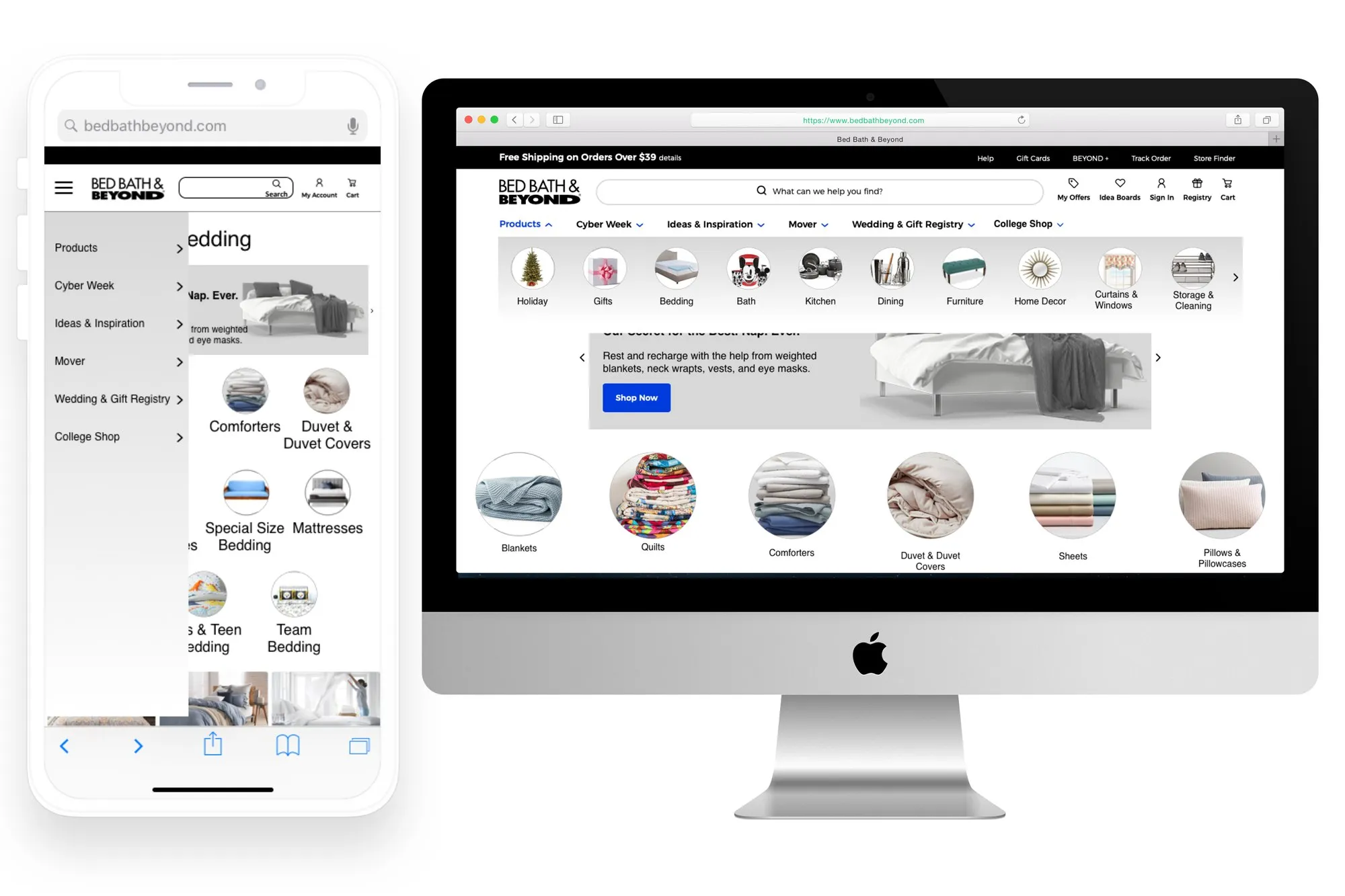 Redesigned Bed Bath & Beyond bedding pages on a phone and desktop