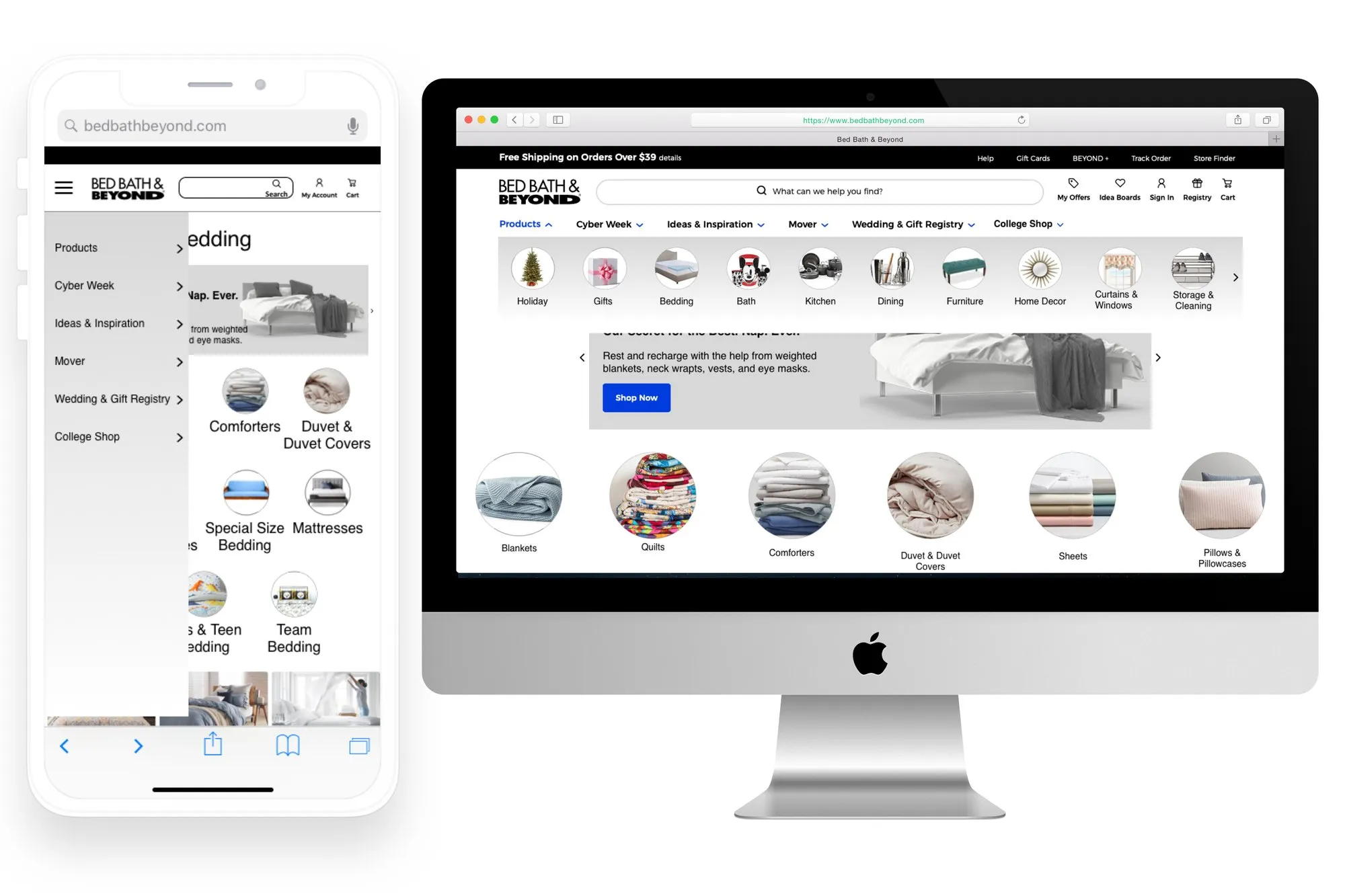 Redesigned Bed Bath & Beyond bedding pages on a phone and desktop