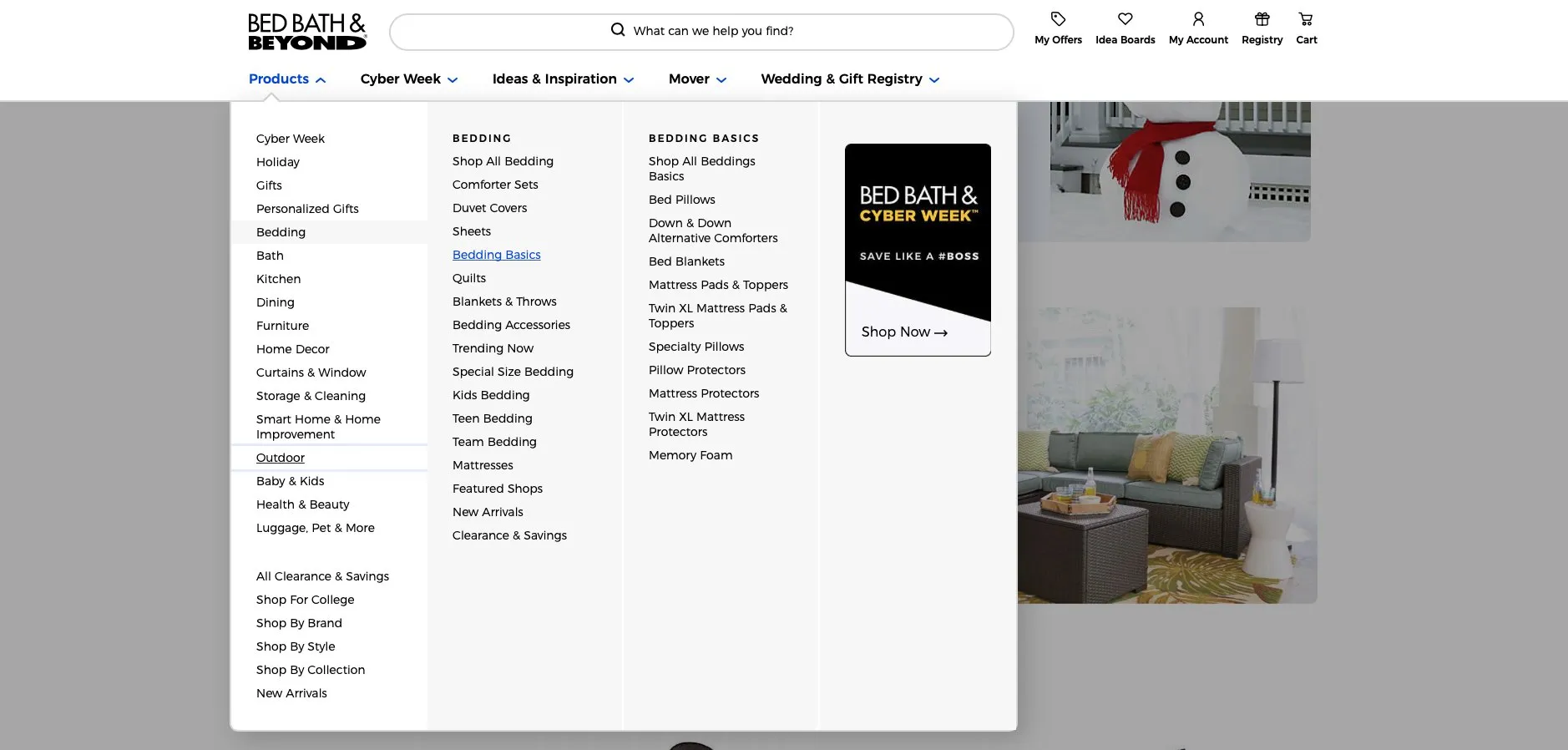 The current Bed Bath & Beyond navigation menu