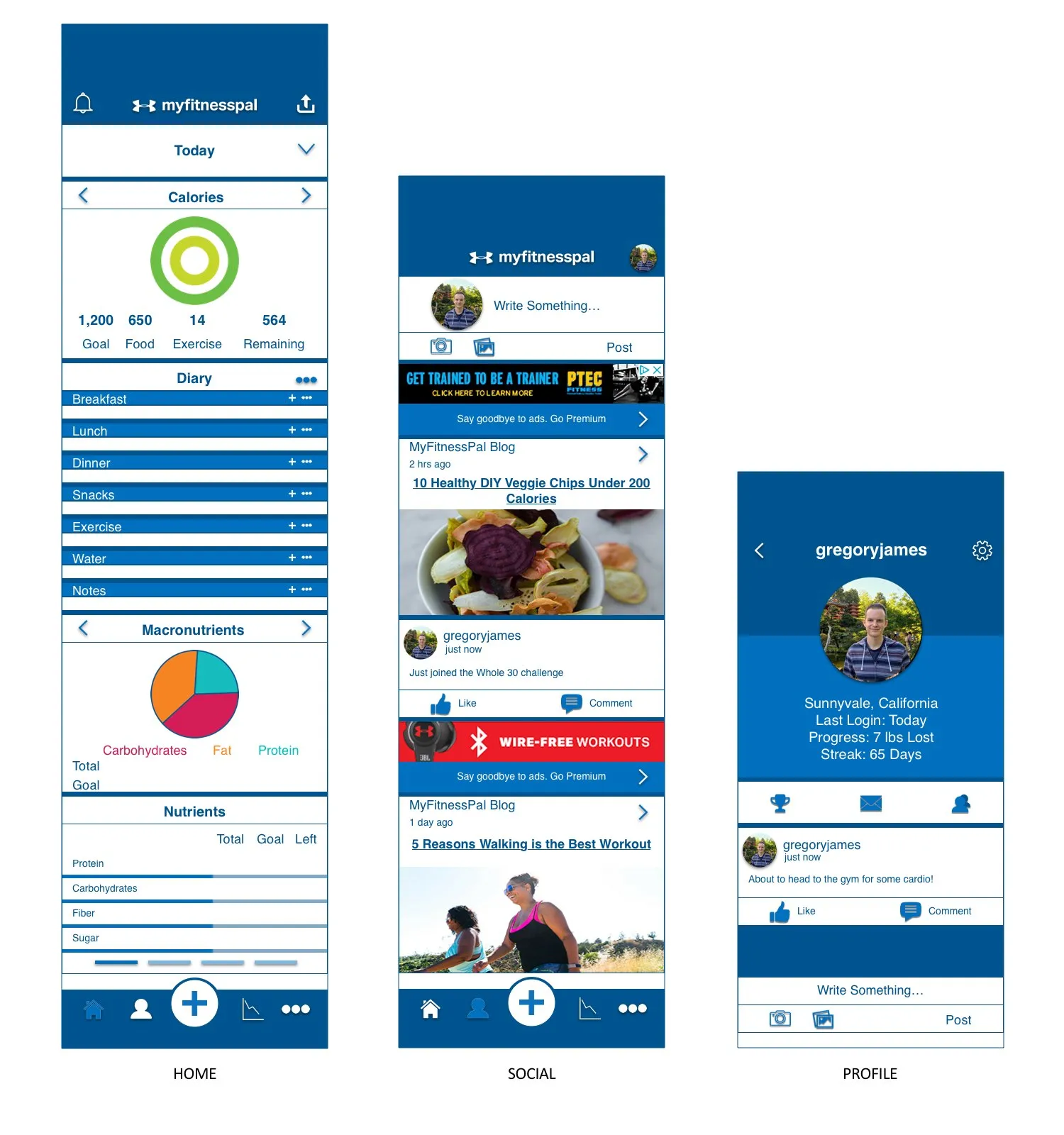 First iteration of home, social and profile screens
