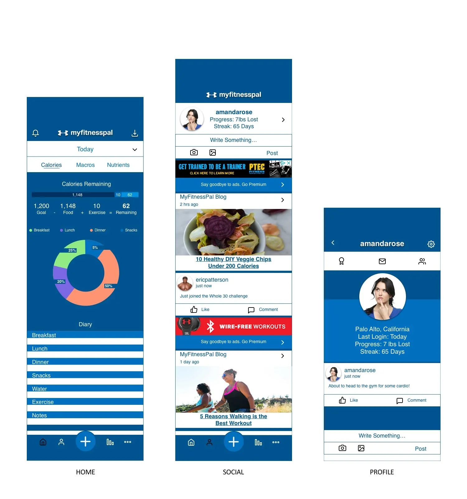 Second iteration of home, social and profile screens