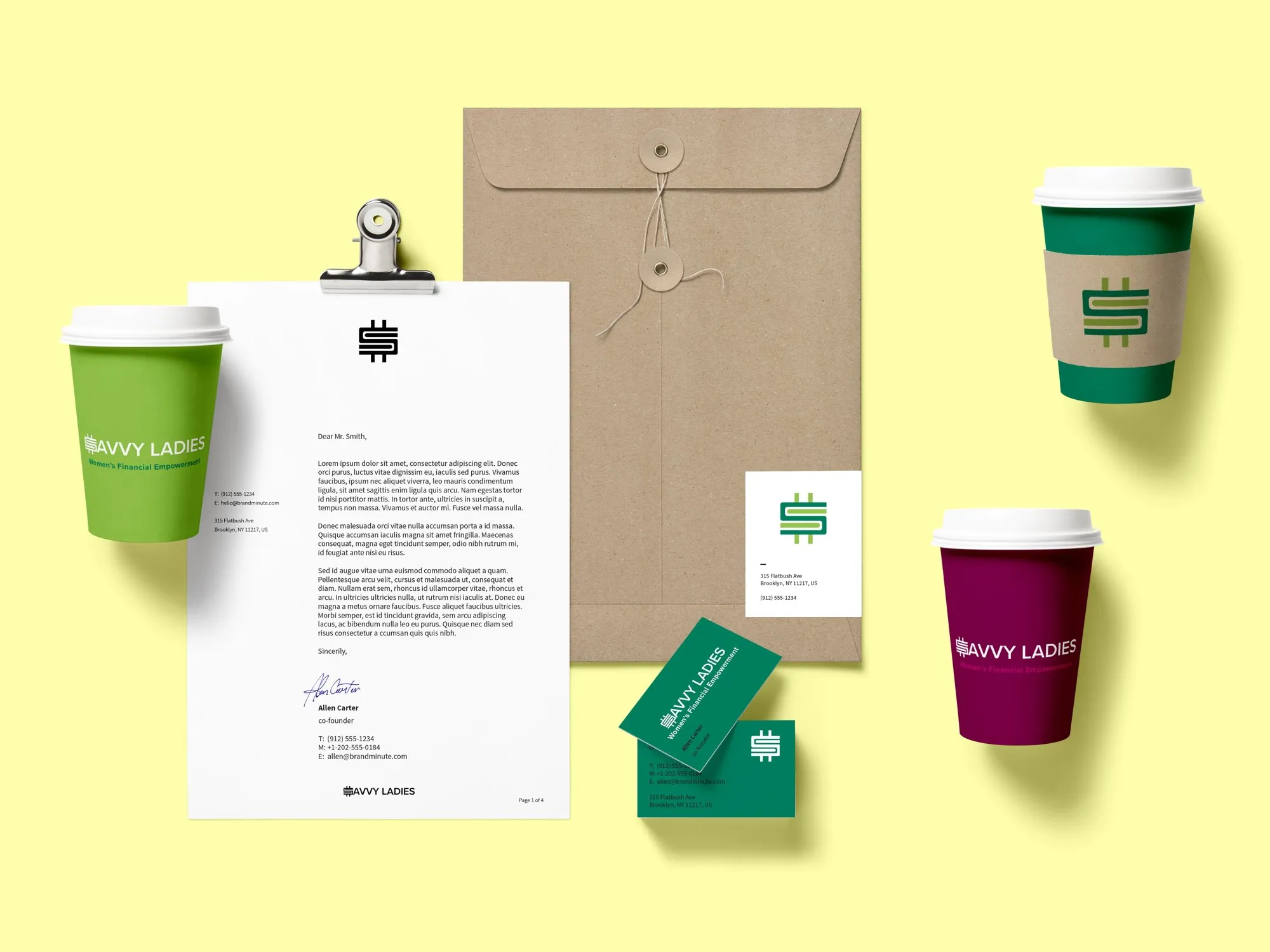Savvy Ladies branded stationery, cups and business cards